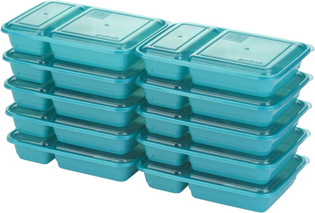GoodCook Meal Prep Rectangle Two Compartment 20-Piece, Teal, Made without BPA