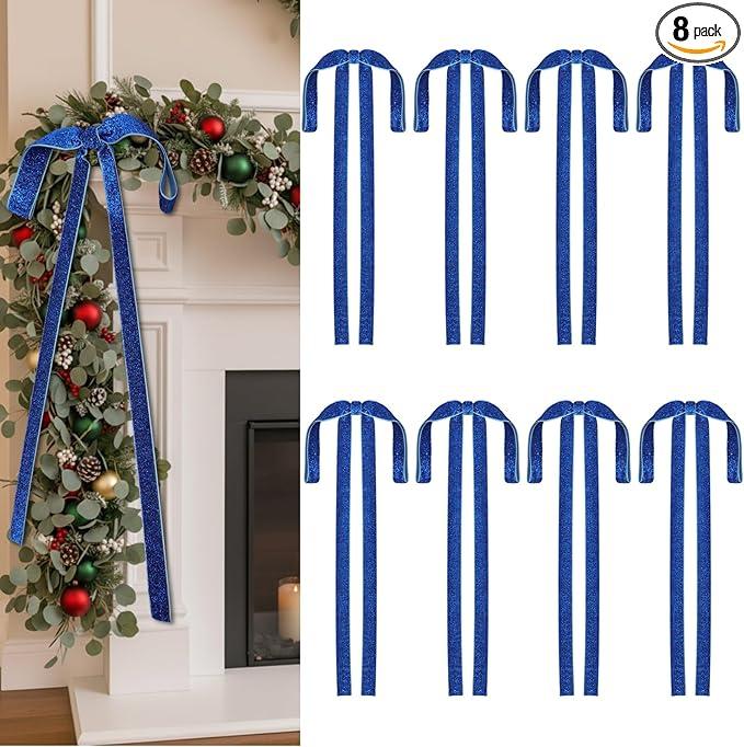 Zhengmy 8 Pcs Long Glitter Velvet Bow Christmas Ornament, 12 x 20 Inch Sparkly Twist Tie Bow Large Cabinet Ribbon Decoration for Xmas Tree Topper Garland Wreath Gift Wrapping Craft Holiday (Navy Blue)