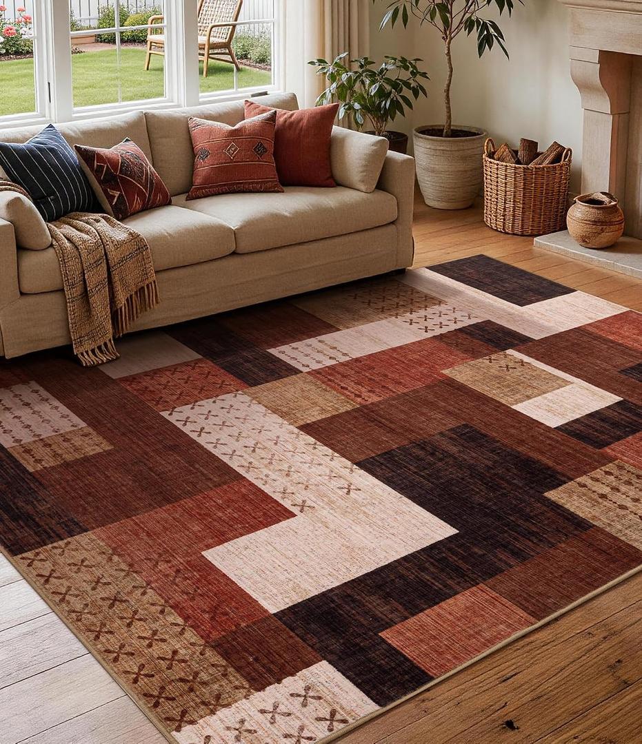 Brown Modern 5x7 Area Rugs for Living Room, Washable Geometric Patchwork Rug for Bedroom Playroom Non Slip Low Pile, Southwestern Rustic Throw Carpet for Entryway Home Office