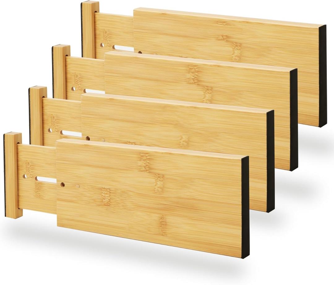 BAMEOS 4" High Bamboo Drawer Dividers - Adjustable Small Drawer Organizer - Kitchen, Dresser, Bathroom, Bedroom & Office - 4-pack (Natural)
