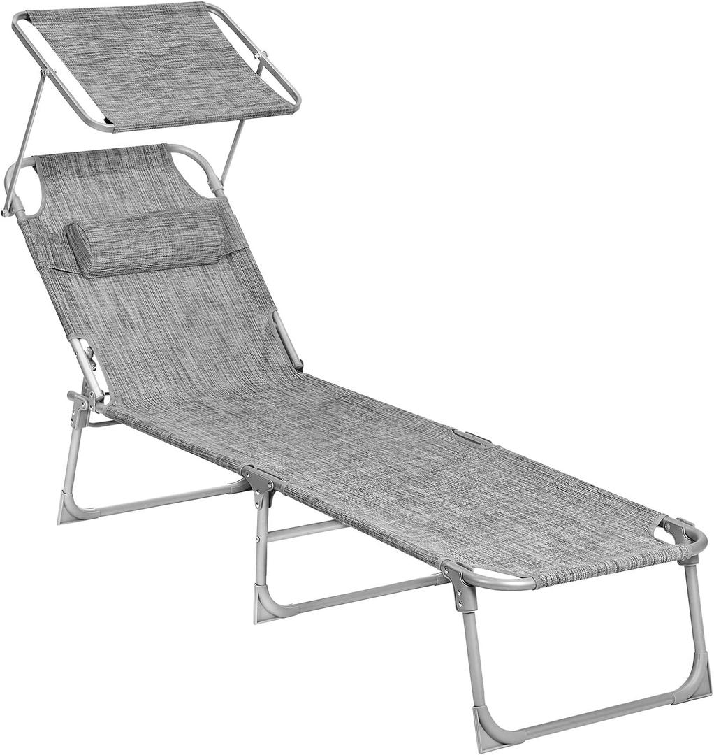 SONGMICS Sun Lounger, Patio Chaise Lounge Chair, Folding, with Canopy, 76 x 20.9 x 11.4 Inches, Holds 330 lb, Headrest, Adjustable Backrest, Outdoor Garden Pool, Greige GCB19T, 193 x 53 x 29 cm