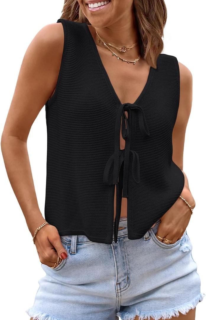 LILLUSORY Womens Summer Tops Beach Vacation Spring Outfits Cute Y2K Trendy Sweater Vest 2026 Tank Tie Front Crochet Clothes (Black, XL)