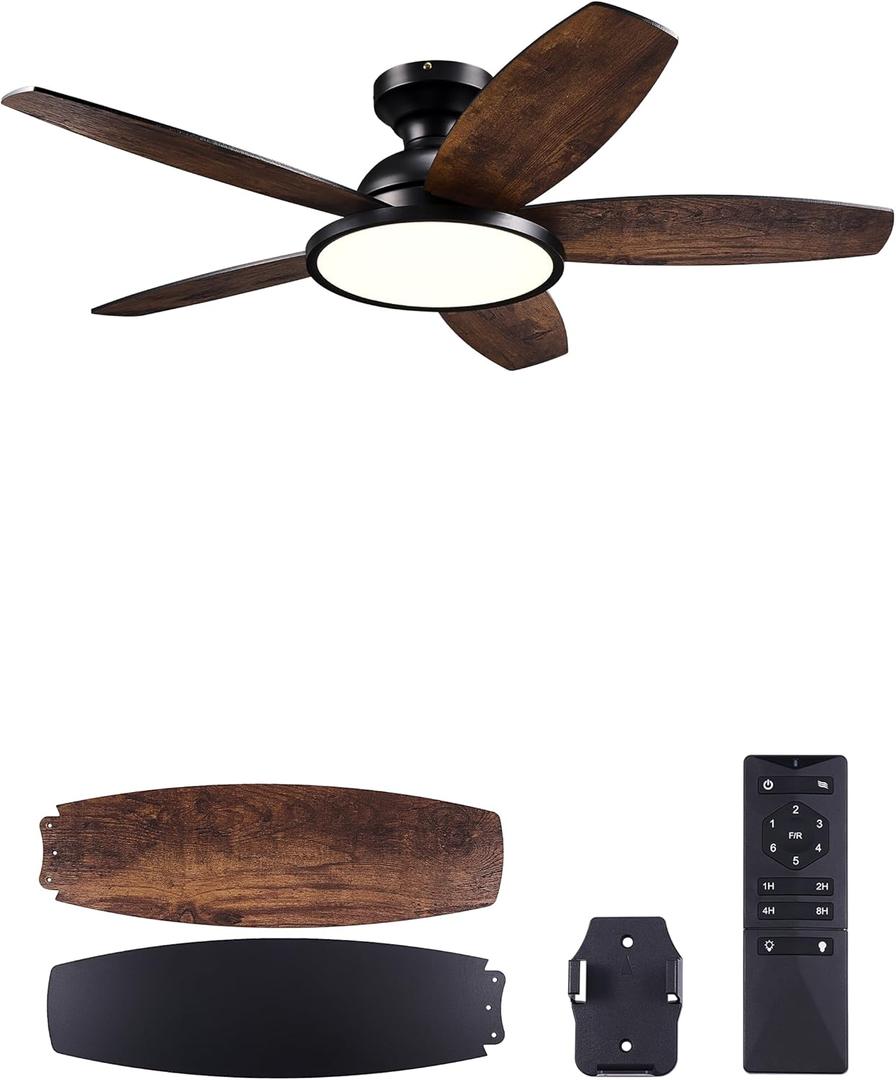 VONLUCE Ceiling Fans with Lights, 42 Inch Ceiling Fan and Remote, Full-spectrum LED Light, 3CCT, 6-Speeds Noiseless Reversible DC Motor, Modern Flush Mount Ceiling Fan for Farmhouse Bedroom Indoor (Black)
