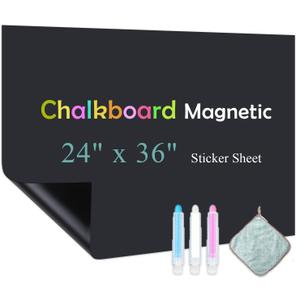Chalk Board Contact Paper with Adhesive, 24" x 36" Magnetic Chalkboards for Wall, Wallpaper Sheets for Office for School and Kids, Includes Liquid Chalks Markers and Dishcloth and Magnet (Black)