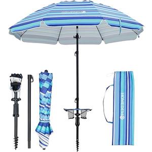 HOMEDEMO 7ft Beach Umbrellas For Sand Heavy Duty Wind, Portable Beach Umbrella UPF 50+ Windproof Outdoor Beach Umbrella with Sand Anchor, Tilt Pole, Carry Bag, Table Tray, Vent and Hook (Blue white)