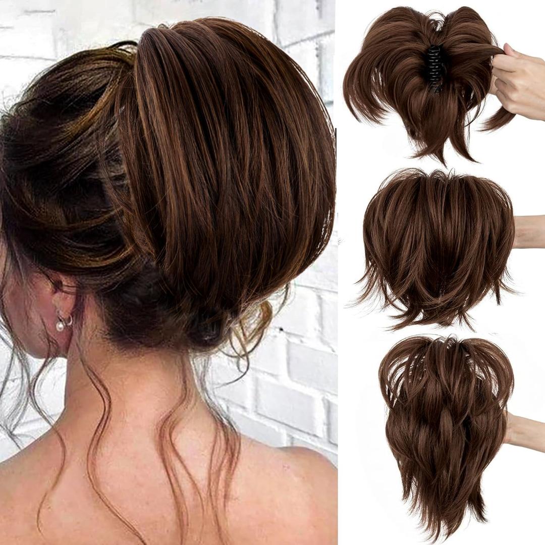Messy Bun Hair Piece,Claw Clip in Short Straight Ponytail Extension with Bendable Metals Hairpieces for Women DIY Style Natural Looking Synthetic Fake Pony-Brown,8 inch