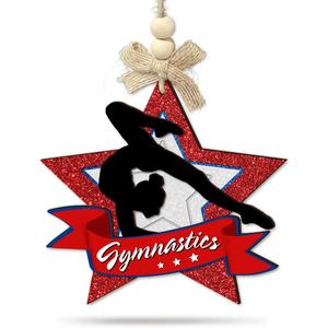 3 x Gymnastics Christmas Ornament for Girls - Red Glitter Star Xmas Tree Ornament, 2 Layer Wooden - Unique & Speical Holiday Decorations for Athletes, Students, Coaches