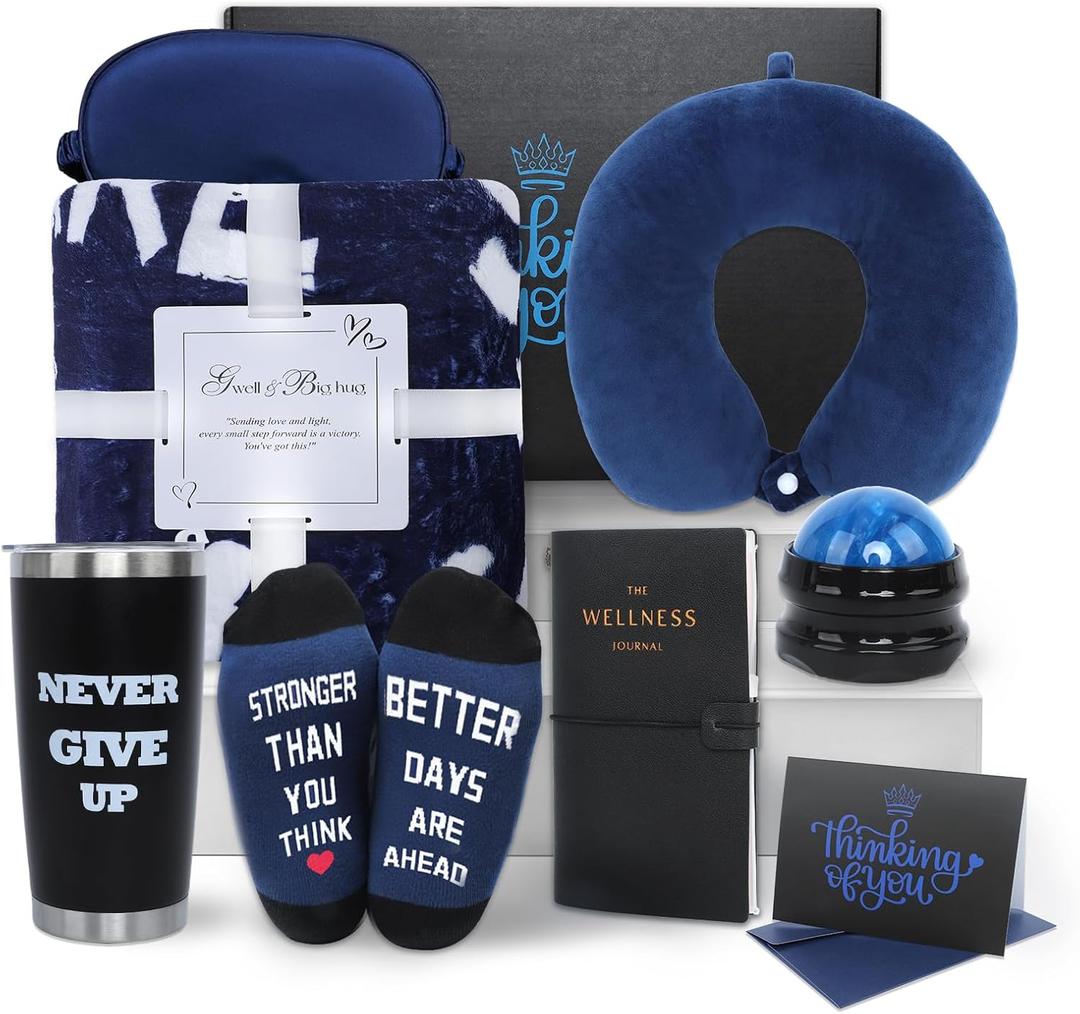 Get Well Soon Basket - Care Package for Men/Blanket, Pillow, Tumbler, Eye Mask, Socks, Journal, Massage Roller, Greeting Card, Gift Box