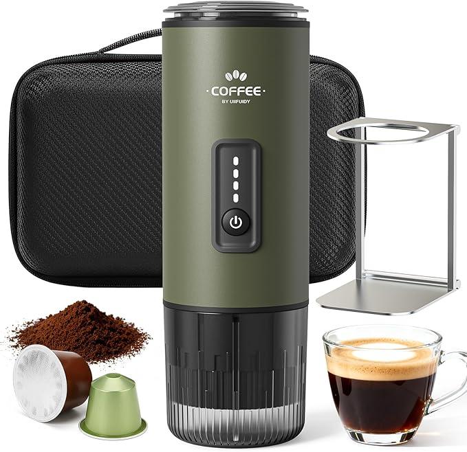 Portable Espresso Maker, 3 in 1 Coffee Maker Set with Carrying Bag and Coffee Stand, Coffee Machine Works with Ground Coffee & Capsule Pod, SelfHeating Brewer with USBC for Travel, Hiking, Office, Forest Green