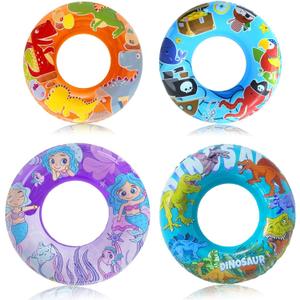 4 Pack Inflatable Pool Floats, 36" & 24" Pool Tubes for All Ages, Unique Dino, Mermaid, Pirate Inner Tube Floaties for Swimming, Swim Ring and Pool Party Toys for Kids 3-5 4-8 8-12, Teens, Adults