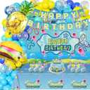 Yellow Happy Birthday Party Decorations Set-Ocean Cartoon Theme Set Including Balloons, Backdrop, Banner, Tablecloth, Hanging Swirls, Cake Cupcake Toppers Birthday Party Decor Supplies for Boys girl
