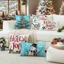 Artscope Christmas Tree Snowman Throw Pillow Covers 16x16 Inch Set of 4, Let It Snow Holly Jolly Winter Hoilday Christmas Decoration Pillow Cases for Home Sofa Couch Decor-Blue
