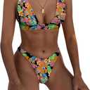 Bathing Suits for Women Deep V Neck Sexy Two Piece Bikini Sets for Women Thong Halter Cheeky Swimsuit (Medium, Flower 6)