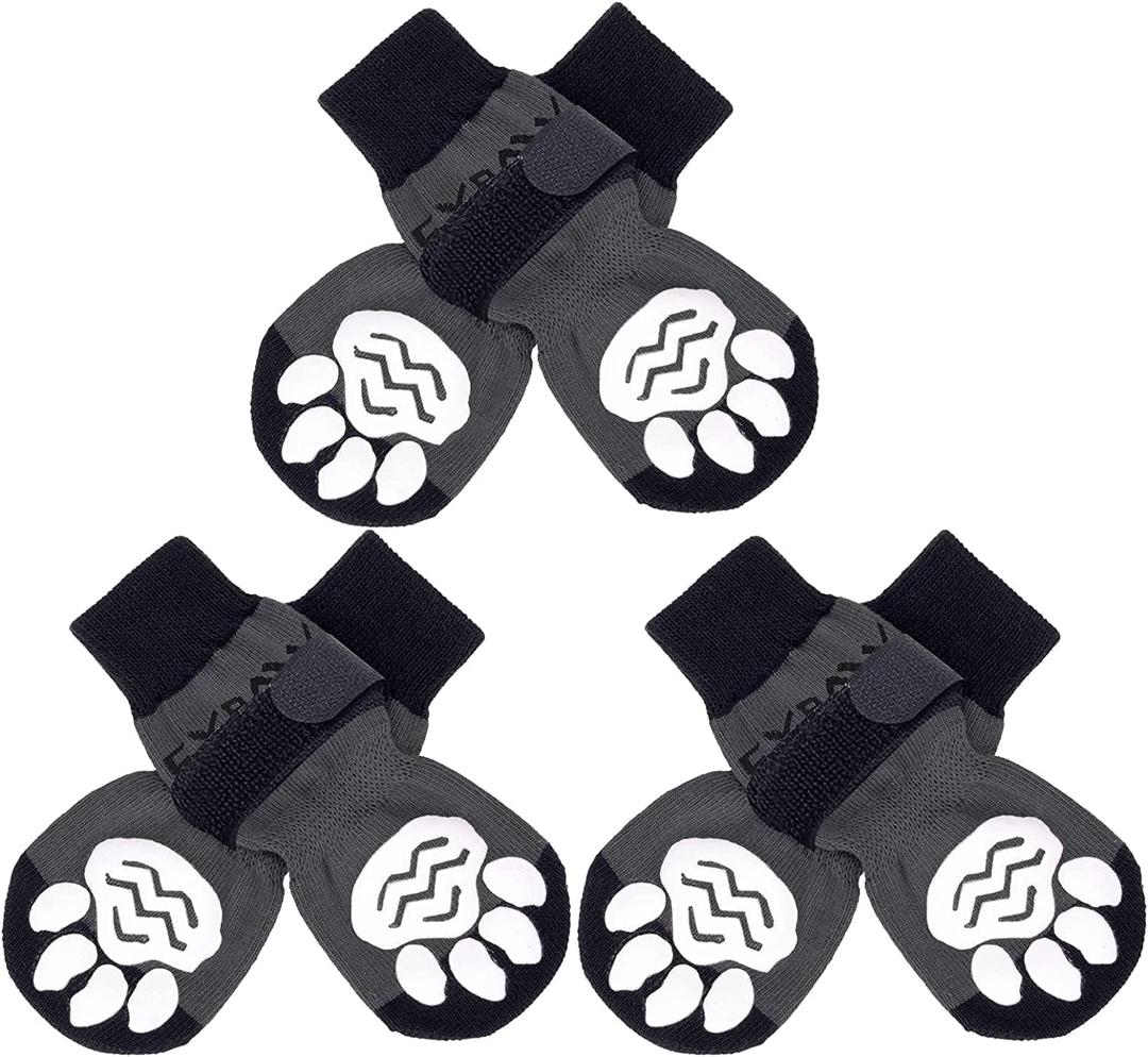 EXPAWLORER 6PCS Anti-Slip Dog Socks to Prevent Licking Paws,Dog Shoes for Hot Pavement, Best Paw Protector Traction Control on Hardwood Floor, Dog Booties for Puppy Small Medium Large Senior Dogs (Black Grey), Medium (6 Count)