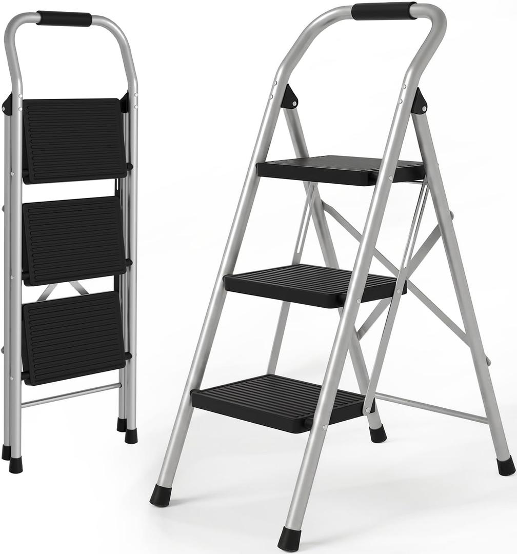 3 Step Ladder for Kitchen Step Stool, Lightweight Folding Step Stool with Curved Safety Handrail, Auto-Lock Mechanism & Non-Slip Wide Pedals, Slim&Foldable for Home Indoor (Silver）