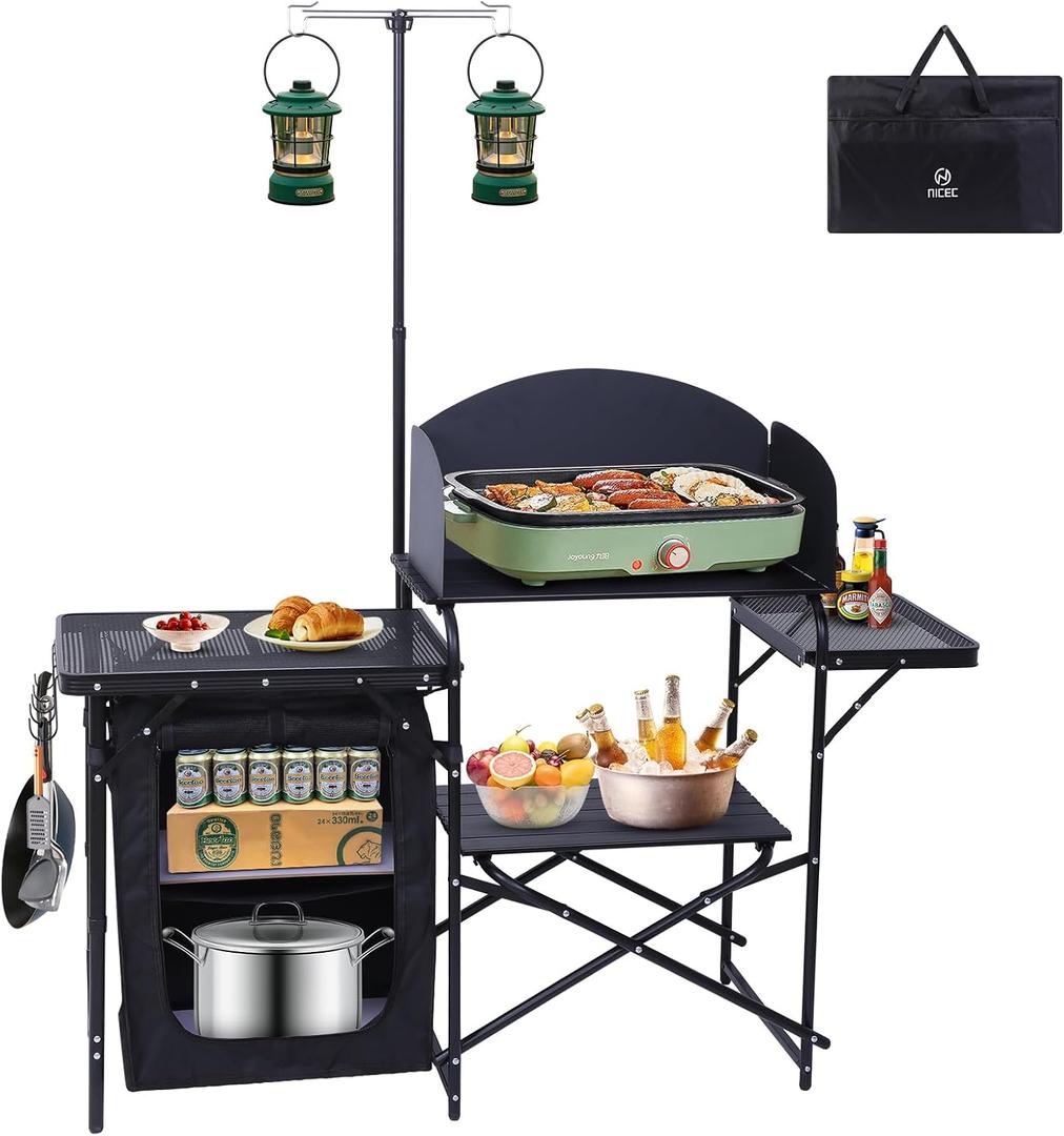 Nice C Camping Kitchen Station, Camping Table, Picnic Table, Portable Grill Table, Folding Cook Table, Upgrade Light Stand and Windshield Station & Organizers, Carry Bag for Beach, Picnic (Black), 56.9"-72" x 15.8" x 27.8"