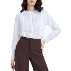 Womens Dressy Casual Lace Blouse Cotton Long Sleeve Button Up Shirts Tops (X-Small, White Collarless Standard)