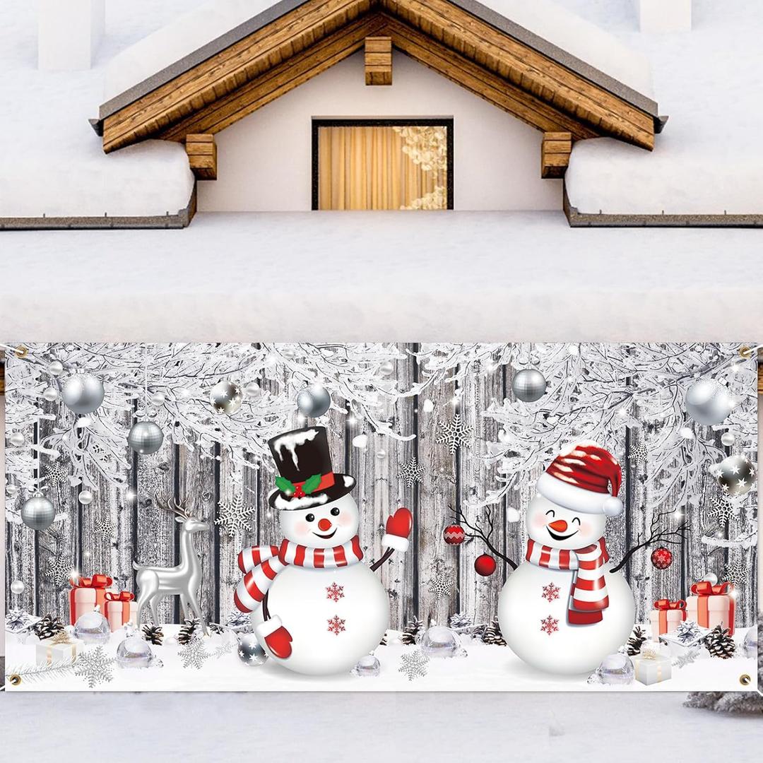Winter Snowman Garage Door Banner Decoration Winter Garage Cover Holiday Door Cover Large Snowflake Backdrop for Indoor Outdoor House Decoration (6 x 13 ft)