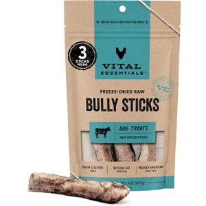 Vital Essentials Freeze Dried Bully Sticks Dog Treats | Premium Quality, Long Lasting | Grain Free Treats for Dogs, (3 Count) 1.4 oz Bag (EXP 03/24/28)