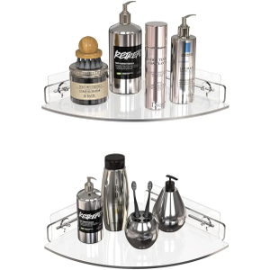 GeekDigg Corner Shower Caddy - Set of 2 No-Drill Acrylic Bathroom Organizer - 10"x11"x2" Wall-Mounted Adhesive Shower Shelf with Razor Holder for Storage - Clear