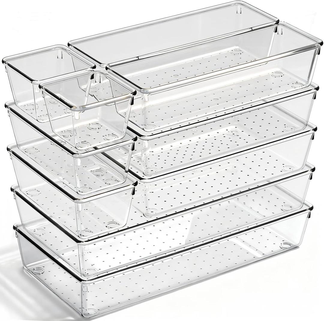 Drawer Organizer, 10 Pack Large Clear Plastic Organizer Bins 5 Sizes, Versatile Bathroom Drawer Trays, Heavy Duty NonSlip Drawer Dividers for Makeup, Office & Kitchen Utensils
