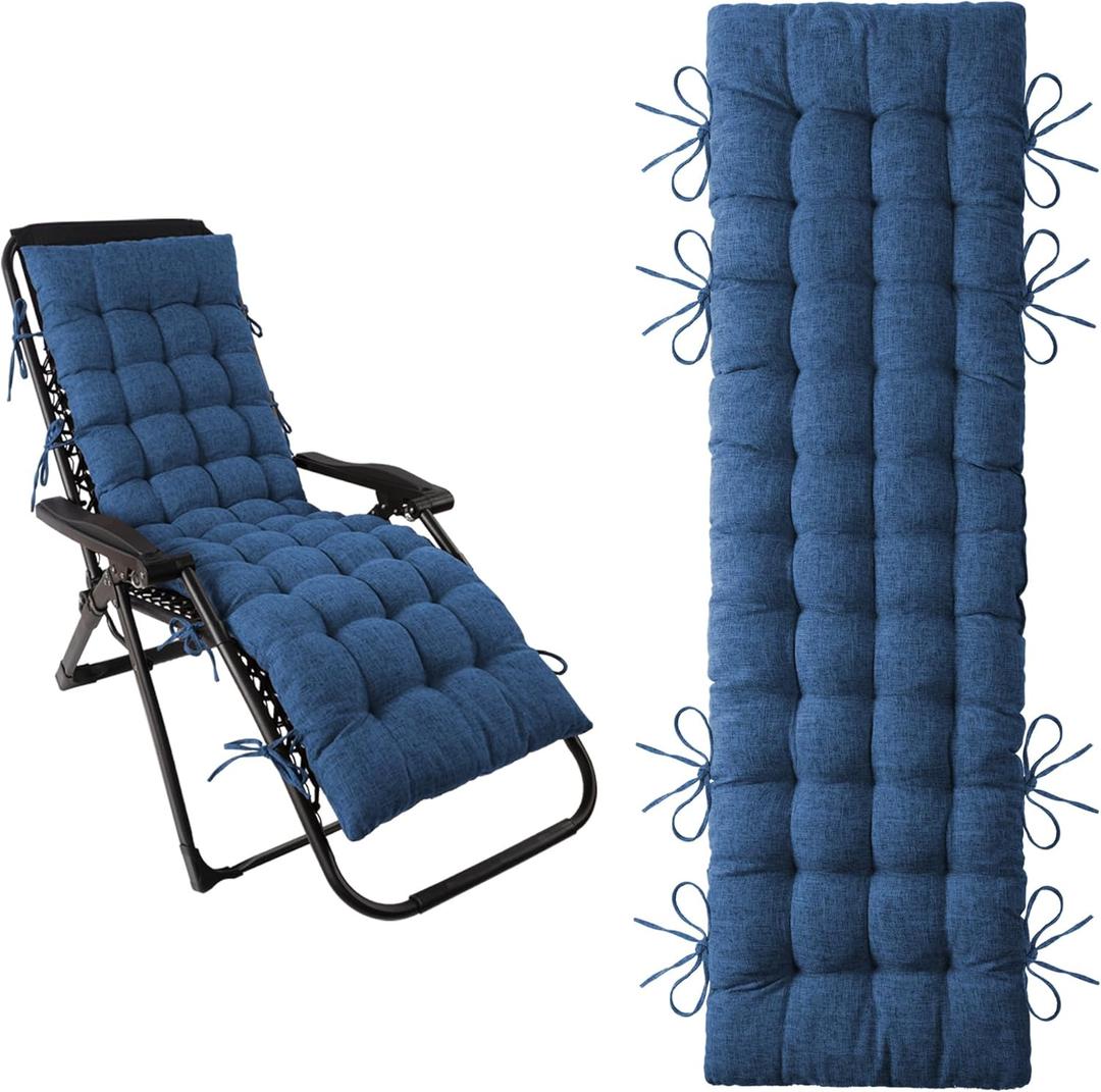 ELFJOY Lounge Chair Cushion Faux Linen Zero Gravity Chair Cushion with Ties Thick Padded Long Bench Cushion for Recliner Chaise Longue Sun Lounger Bench Porch Swing Navy 66 Inch