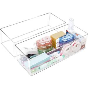 Stackable Clear Drawer Organizers Small Makeup Vanity Storage Bins Trays and Office Desk Drawer Dividers Single Compartment 2 Pack