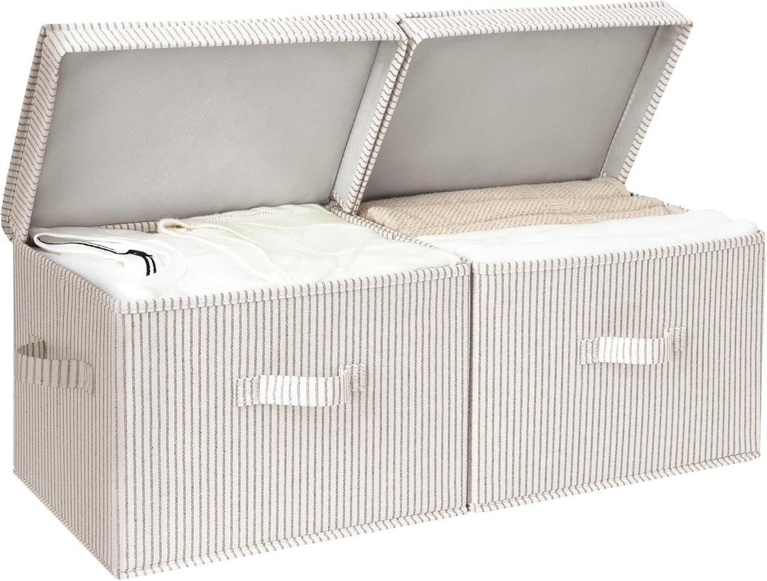 StorageWorks Fabric Storage Bins with Lid, Decorative Storage Boxes for Shelves, Stackable Closet Organizer Basket with Handles, Large, Khaki and Beige Stripes, 2-Pack