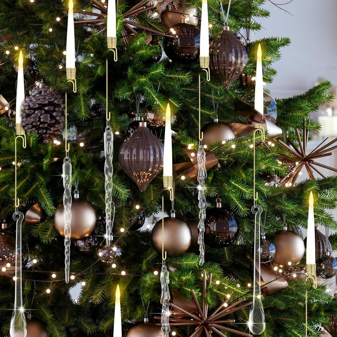 Flutesan 20 Sets Christmas Tree Candle Holders, Metal Christmas Candle Holders with Acrylic Icicle Teardrop Garland Hanging Ornaments Xmas Tree Candlestick for Holiday Party Winter Home Supplies