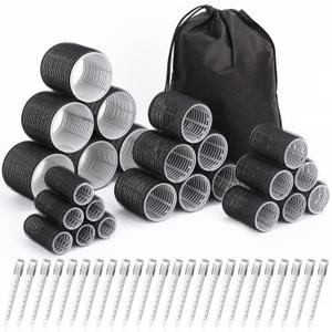 Hair Curlers Set with 24 Rollers (6 Jumbo, 6 Large, 6 Medium, 6 Small) and 24 Clips for All Hair Lengths (Black)