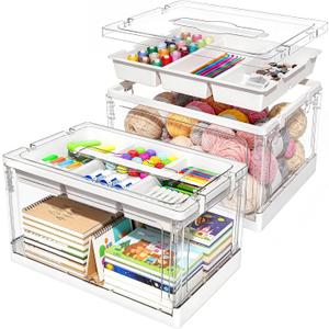 Clear Craft Organizers and Storage with Trays, Art Supply Organizer and Storage, Craft Storage Box with Lid for Beads, Markers, Coloring Books, Sewing, Playdoh and Tools