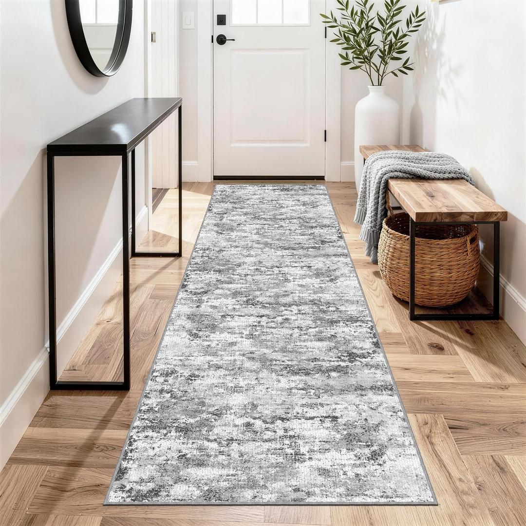 Washable Carpet Runners for Hallway 8ft-Non Slip Floor Runners for Dogs, Abstract Hallway Runner Rug with Silicone Backing, Stain Resistant Rug for Indoor High Traffic,2.6x8,Gray