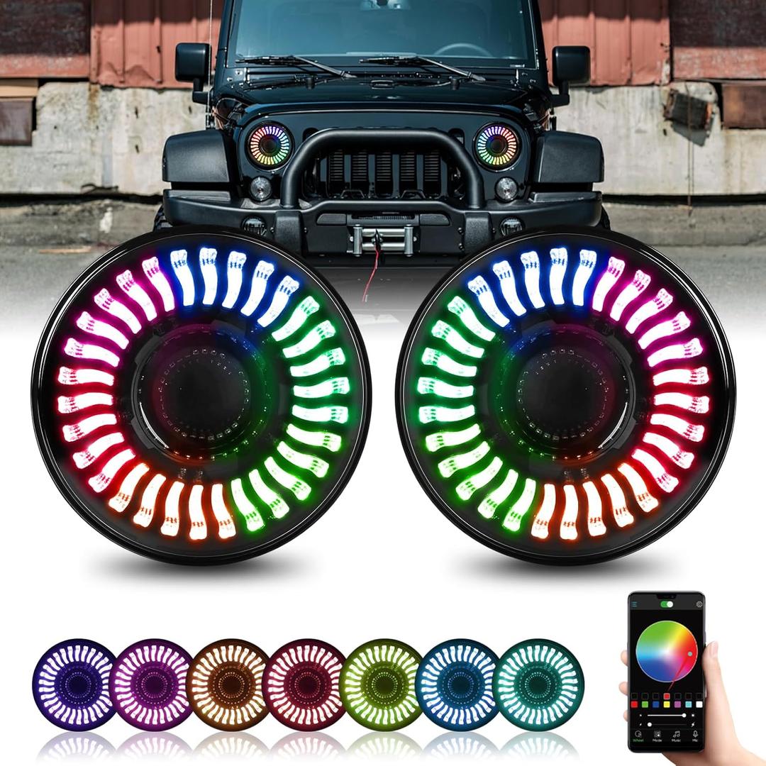 YEEGO DIRECT 7 Inch LED Headlights for 1997-2018 Wrangler JK TJ LJ, RGB Halo Angel Eye, Bluetooth APP Control Custom Colors, DOT Approved (7 Inch RGB)
