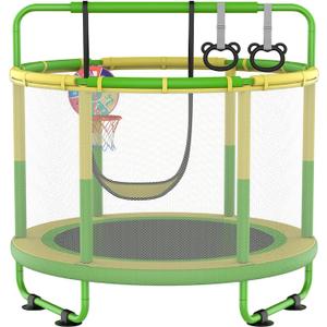 LANGXUN 60" Trampoline for Kids, 5ft Mini Toddler Indoor & Outdoor Trampoline with Net, Basketball Hoop & Dart Board, Birthday Gifts for Boys & Girls, Baby Toddler Christmas Toys (Green Yellow)
