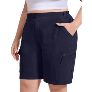 FOREYOND Women's Plus Size Golf Shorts Quick Dry 9'' Hiking Cargo Shorts Athletic Casual Summer Bermuda with Pockets (XX-Large Plus, Navy Blue)