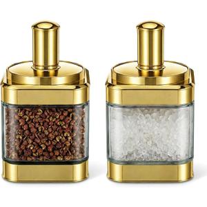 2 Pcs Glass Condiment Pot, Gold Spice Jars with Lids and Spoons Glass Condiment Containers Seasoning Pot Set Salt Box Sugar Dispenser for Kitchen Dining Room Counter Flour Sugar