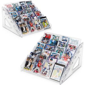 2 Pack 7-Tier Acrylic Card Display Stand - Trading Card Display Stand for PSA/Sports Cards, Versatile Greeting Card Holder, Portable Display Rack for Collectibles and Graded Cards on Tabletop