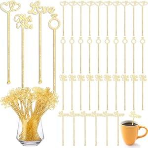 Reallnaive 150 Pcs Gold Glitter Plastic Swizzle Sticks 7.5 Inch Wedding Cupcake Toppers Cocktail Drink Stirrers Reusable Drink Stirrers for Mixing Beverage Coffee Wedding Party Favor