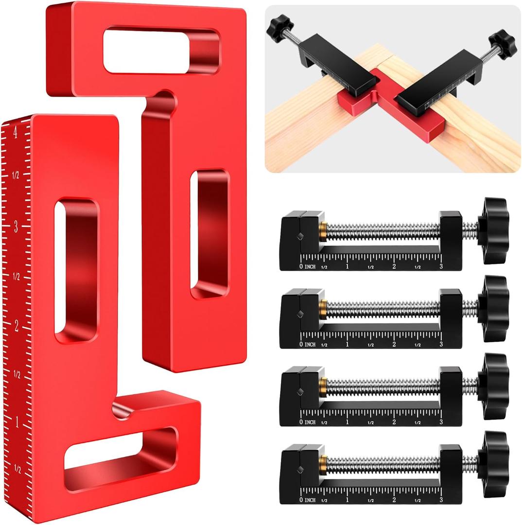 Corner Clamps for Woodworking - Durable & Versatile 90 Degree Right Angle Clamps, 2 Pack 2" x 4" Aluminum Positioning Squares with 4 C-Clamps for Cabinets, Frames, and Drawers