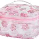 Clear Pink Flower Cosmetic Bag and Travel Pouch with Handle 9.06x5.51x5.51inch -Durable PVC Material,Versatile,Zipper Design for Smooth Sliding-Ideal for Makeup,Travel Essentials