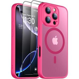 SPIDERCASE Designed for iPhone 16 Pro Case, Magnetic Translucent [2 Tempered Glass Screen Protector] [Full Camera Protection] Anti-Fingerprint Anti-Scratch for iPhone 16 Pro 6.3”, Hot Pink And Black 2Pack Pack