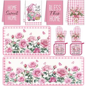 Fourluoo 10 Pcs Pink Rose Kitchen Decor Set Towels and Rugs Oven Mitts and Pot Holders Farmhouse Spring Kitchen Decor Set for Women Mom Gift Cooking Baking Grilling