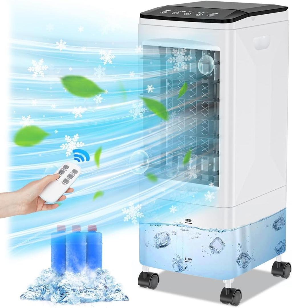 Evaporative Air Cooler, 3-in-1 Portable AC Cooling Fan 3 Modes 3-Speed with Remote, 3 Ice Boxes, No Window Needed Air Conditioners with 6L Tank for 20H Cooling, for Home, Bedroom, Kitchen, Living Room