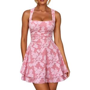 Kaximil Women's Square Neck Floral Ruffle A Line Mini Dress (Pink, S)