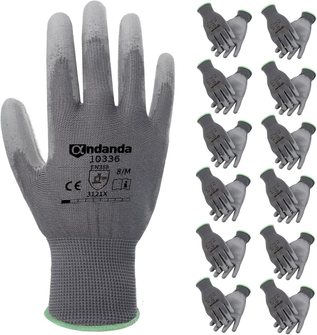ANDANDA Multi-Package Safety Work Gloves, Seamless Knit Work Gloves with PU Coated, Ideal Work Gloves Men for General Work (Grey-12 Pairs)