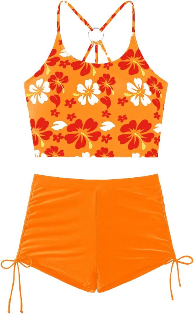 ShawGobow Floral Crop Tankini,2 Piece High Waisted Boy Shorts Swimsuits,Modest Bikini Sets for Women Beach Vacation (M)