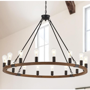 Farmhouse 15-Light Natural Wood Wagon Wheel Chandelier 40’’, Black Metal Pendant Chandeliers Wooden Vintage Rustic Light Fixtures Industrial for High Ceiling Living Dining Room Foyer Villa