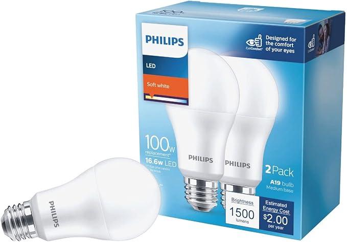 Philips A19 E26 (Medium) LED Bulb Soft White 100 Watt Equivalence 2 pk
