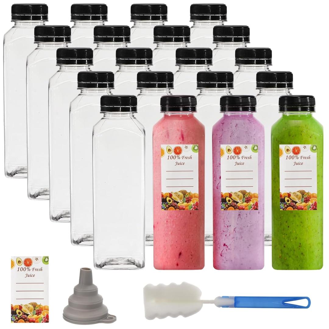 Cedilis 20 Pack 16oz Plastic Juice Bottles with Black Cap, Clear Reusable Containers with Lids, Great Disposable Bottles for Making Juice, Milk, Salad Dressing, Smoothie and Other Beverages