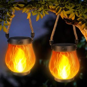 iBaycon 2 Pack Solar Lanterns Lights, Flickering Flame Garden Lights with 2 Modes Dual Charging USB & Solar, Outdoor Waterproof Hanging Lantern for Yard Patio Porch Decor (Warm White)